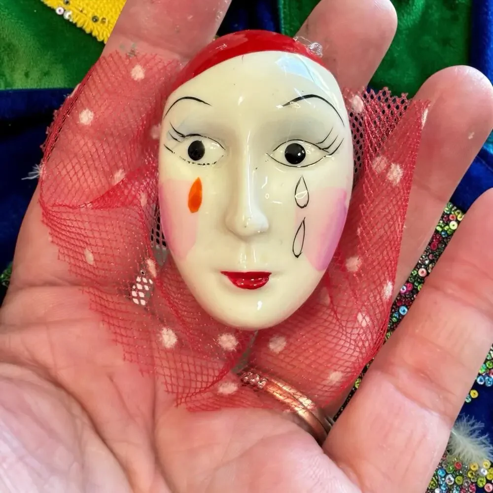 Vintage Pierrot Clown Face Brooch Red Flocked Veil Art Mask Harlequin